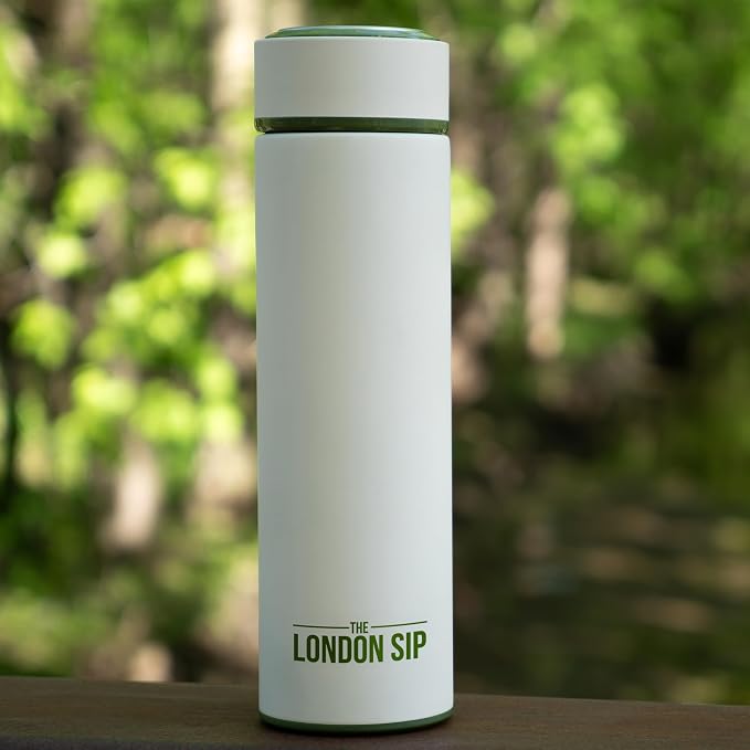 London Sip 16.9 oz Multi-Purpose Tea Infuser Mug – Fruit Infuser Water Bottle for Hot and Cold – Double Wall Stainless Steel Insulated, Safari Beige
