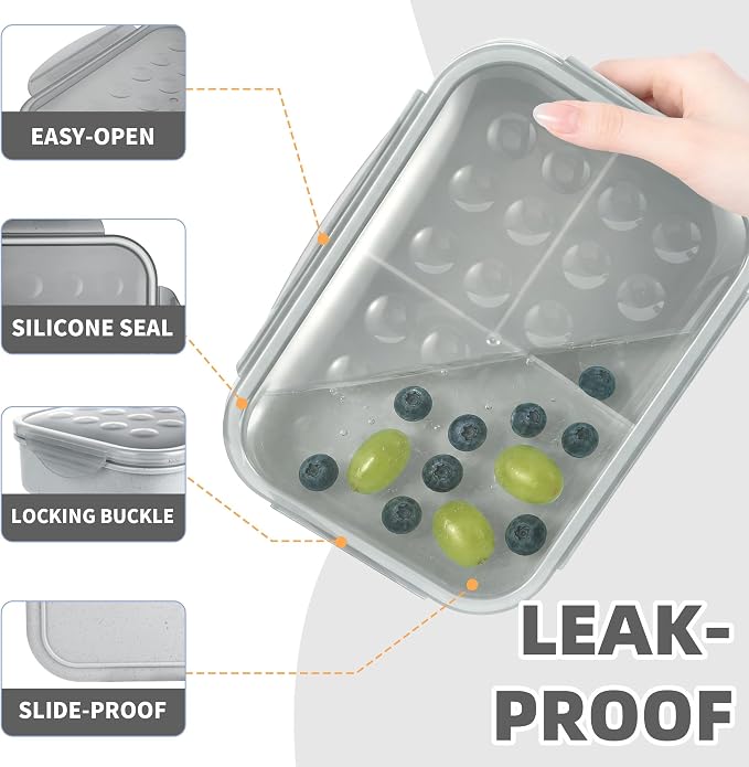 Itopor Bento Box for Kids & Adults, Lunch Box 46 oz / 1400ml, Gray | Wheat straw material, BPA-free, leakproof, 3 compartments, microwave & dishwasher safe, for school, office & travel