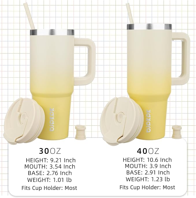 BJPKPK 40 oz Insulated Tumbler with Handle & Straw, Stainless Steel | Double Wall Vacuum Insulation, Leak Proof, BPA Free, Dishwasher Safe, Cupholder Friendly, Travel & Outdoor, Lemon