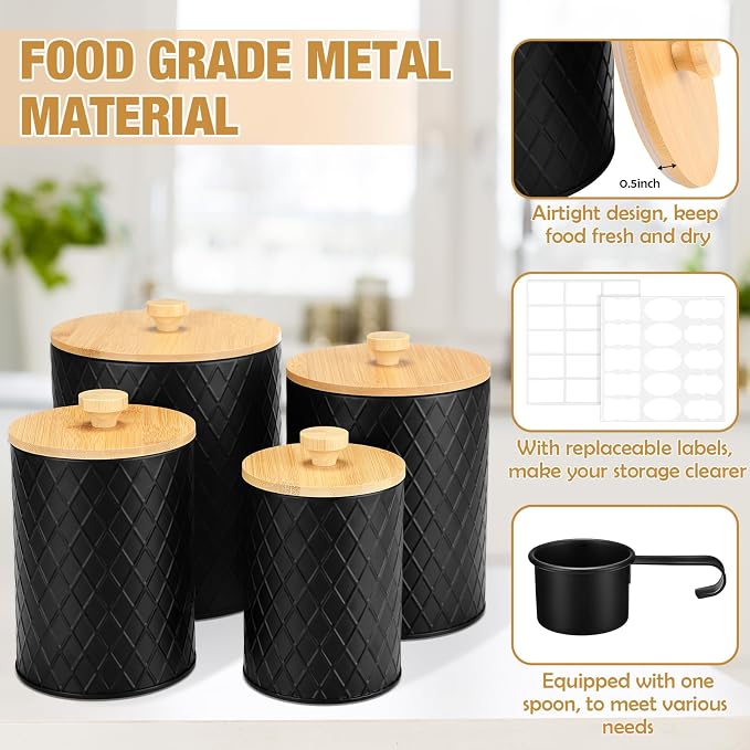 Reallnaive 4 Pcs Black Metal Coffee Canister Set with Bamboo Lid,4 Sizes | Airtight Container for Tea Sugar Flour, Diamond Textured Farmhouse Kitchen decoration, Countertop Organizer with Labels Spoon