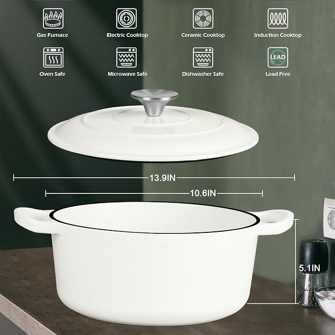 6 Quart Dutch Oven with Lid, Leonyo 6QT Enameled Cast Iron Dutch Oven for Sourdough Bread Baking, Heavy Duty Cookware for Braising, Stews, Roasting, White