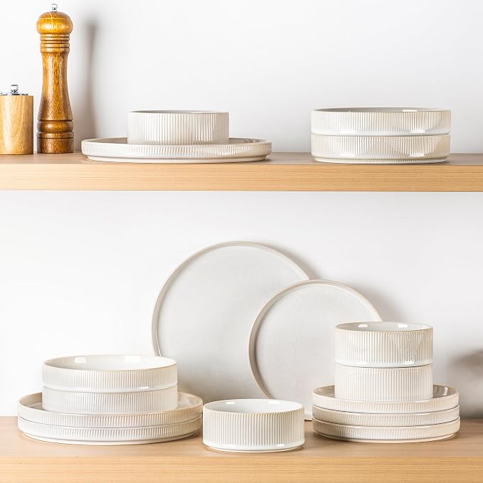 Ceramic Dinnerware Set for 4, 12-Piece Plates and Bowls Set | Lightweight Porcelain Dish Set, Scratch Resistant, Oven & Microwave & Dishwasher Safe, Reactive White
