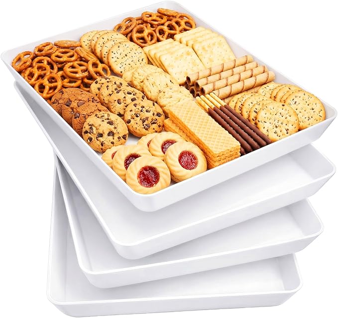 Lifewit 16" x 12" Extra Large Plastic Serving Trays for Party, 4 Pack Reusable White Food Platters for Cookies, Desserts, Fruit, Appetizers & Charcuterie, BPA-Free Catering Trays for Parties & Buffets