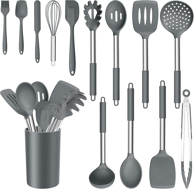 E-far 14 Pieces Silicone Cooking Utensils Set, Kitchen Utensils Set with Holder, Spatula, Ladle, Spoon, Tong, Slotted Turner for Nonstick Cookware, 446°F Heat Resistant & Stainless Steel Handle, Gray