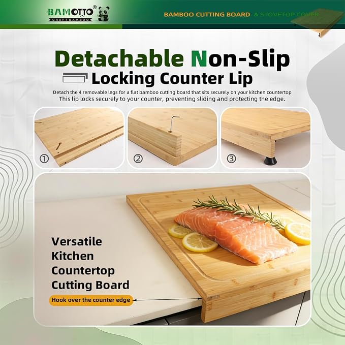 BAMOTTO CRAFTBAMBOO 20 x 22 Inch Large Bamboo Cutting Board — Stovetop Cover, Over the Sink Board, Noodle Board with Detachable Legs & Non-Slip Lip, Juice Groove for Kitchen Countertop