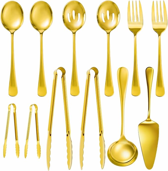 Artcochan 12 PCS Gold Serving Utensils, Stainless Steel Flatware Set Includes Large Serving Spoons, Slotted Spoons, Ladle, Forks, Tongs, Appetizers Tongs and Cake Server for Buffet Party Catering