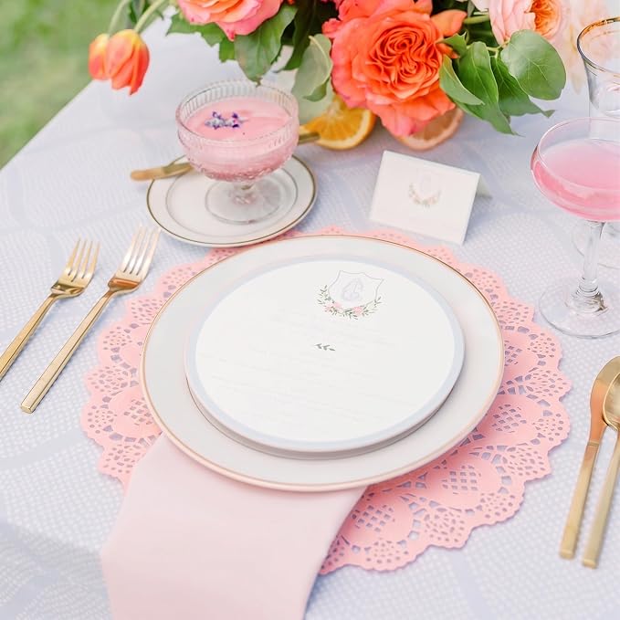 MCEAST 100 Pack Round Pink Paper Doilies 13.5 Inches Lace Paper Place Mats Rustic Scallop Doily Disposable Table Pads for Food Cakes Crafts Party Weddings Tableware Decor