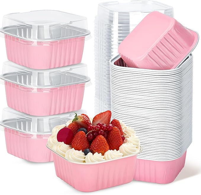 100Pack 5oz Pink Mini Cake Pans with Lids Baking Cups Aluminum Foil Pans Tins, Individual Dessert Cups Containers for Sales,Party,Picnics