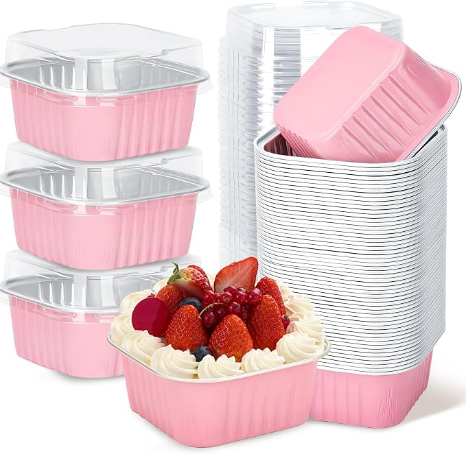 200Pack 5oz Pink Mini Cake Pans with Lids Baking Cups Aluminum Foil Pans Tins, Individual Dessert Cups Containers for Sales,Party,Picnics