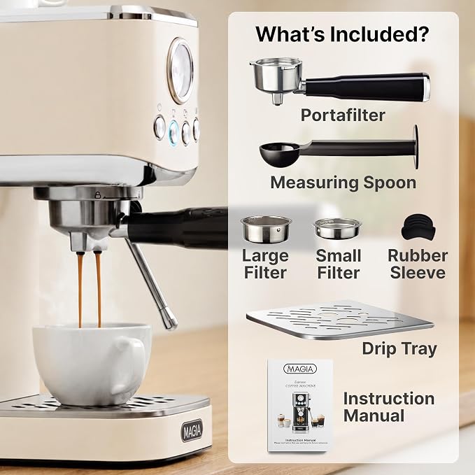 Zulay Kitchen Magia Compact Espresso Machine – 20 Bar Coffee Maker with Milk Frother Steam Wand, Latte & Cappuccino Maker, 1350W Fast Heating, 40oz Removable Water Tank, Stainless Steel – Cream