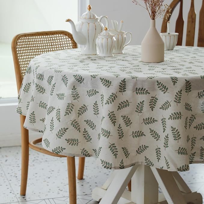 Pastoral Round Tablecloth - 60 Inch Dia. Table Cloth - Washable Table Cover with Dust-Proof Wrinkle Resistant for Restaurant, Picnic, Bistro, Indoor and Outdoor Dining, Green Leaf
