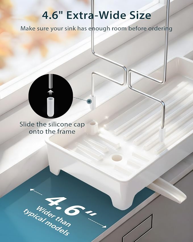 Minimalist Sink Caddy, Rustproof Sponge Holder for Kitchen Sink White | Large Rustproof countertop organizer with 304 stainless steel brush holder, raised ridges and silicone drain tube