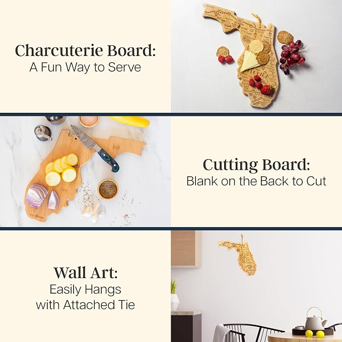 Totally Bamboo Destination Florida State Shaped Cutting Board | State charcuterie serving board with engraved map artwork. Smooth reverse side for food prep. Hang tie for wall display.