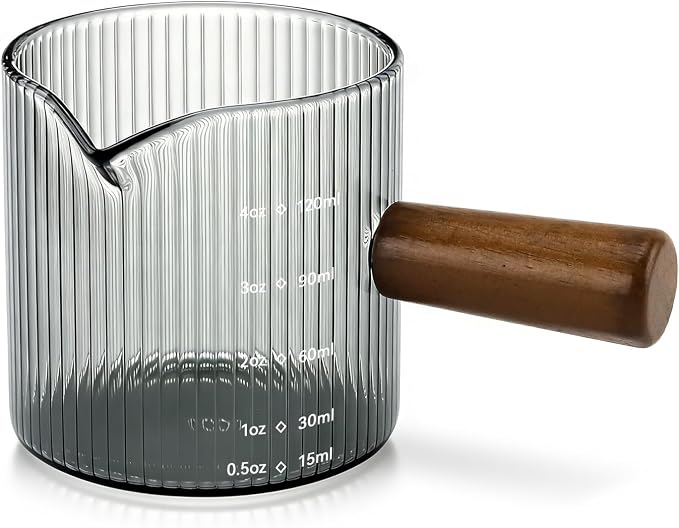 Espresso Measuring Cup 4 Oz, Espresso Glass Cups with Wood Handle, Milk Frothing Cup, Espresso Cup for Coffee, Milk, Tea or Maple Syrup Serving (Gray, 4 oz)