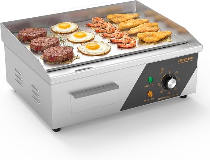 ROVSUN 18" Electric Countertop Flat Top Griddle, 1500W Electric Griddle, Teppanyaki Grill Stainless Steel with Adjustable Temperature Control 122°F-572°F for Commercial Home Restaurant, Plug