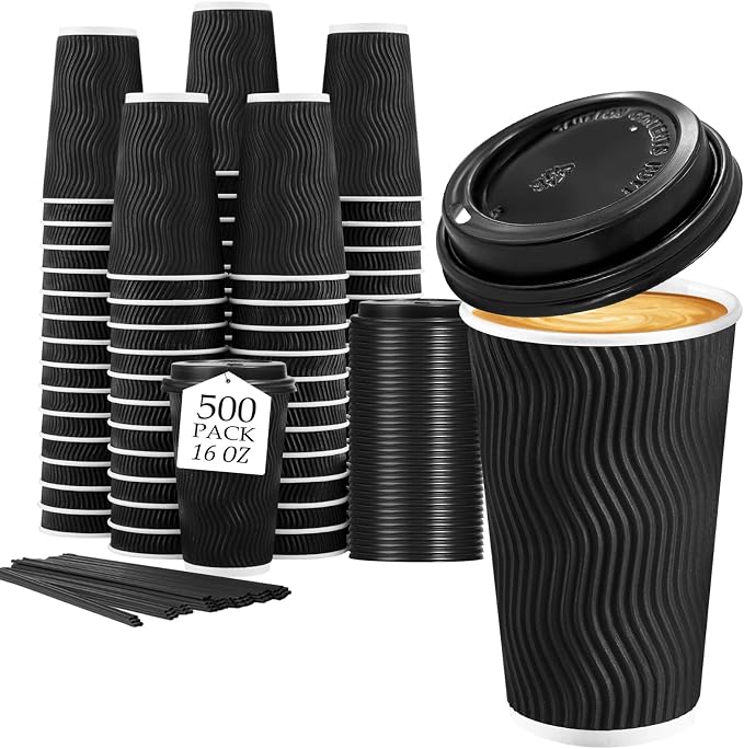 Lamosi 500 Pack 16 oz Disposable Coffee Cups with Lids and Straw, Black | Insulated Corrugated Ripple Wall Hot Cups with Lids for Hot Drink, Office, Coffee Bars, Meetings, and Short To-Go Use
