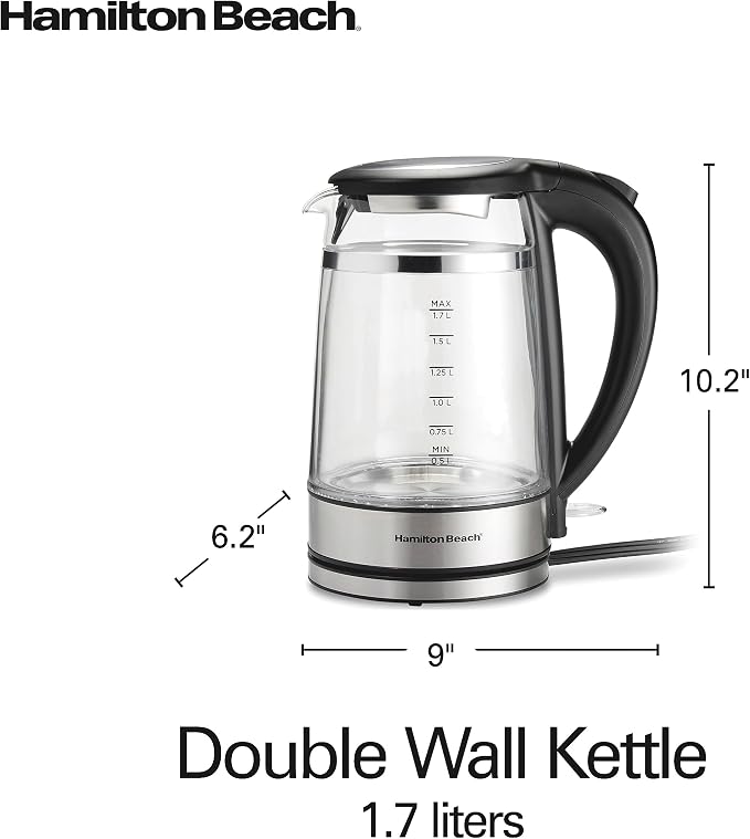 Hamilton Beach Double Wall 1.7L Electric Tea Kettle, Water Boiler & Heater | Fast Boiling 1500 Watts | BPA Free | Cordless Serving | Auto-Shutoff & Boil-Dry Protection | Color Change LED | Clear Glass
