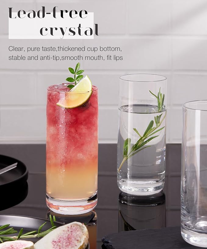 13oz Drinking Glasses Set of 6, Lead-Free Crystal Tall Highball Glassware | Clear tall water highball glasses, smooth rim and thick stable base, thoughtful holiday gift