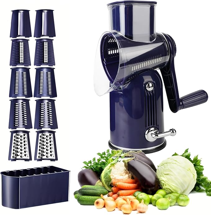 Rotary Cheese Grater with Handle, Vegetable Chopper Quick Chop Blades, Compact Design for Home and Professional Kitchens Meal Prep Tool, Kitchen Gadget 5-in-1 with Blade Storage Box (Purple)
