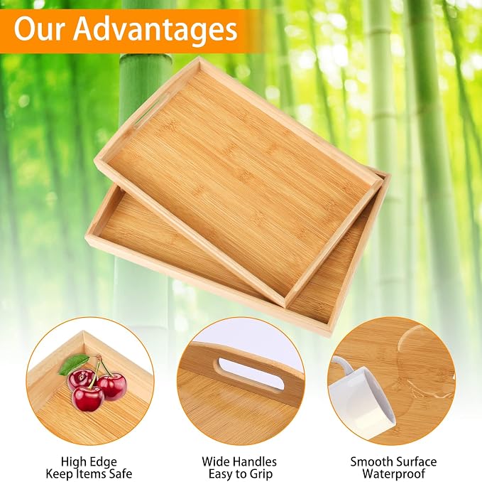 2-Pack Bamboo Serving Trays with Handles, 16" and 13", Decorative Food Tray Set for Breakfast, Coffee, Tea, Snacks, Ideal for Coffee Table, Ottoman, Living Room & Kitchen