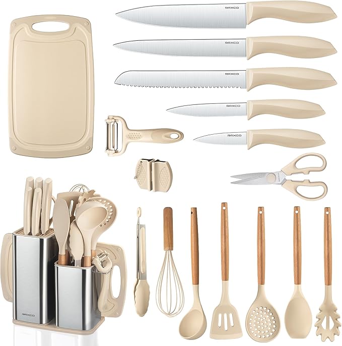 Cooking Utensils Set,18-Piece Kitchen Utensils and Knife Set,Khiki | Food-grade Silicone Utensils Heat-resistant to 410°F,5-Piece Stainless Steel Kitchen Knife with Sharpener and Cutting Board