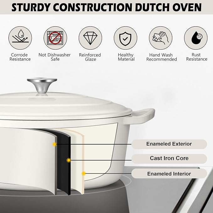 TeamFar Oval Dutch Oven, 5qt Enameled Cast Iron Dutch Oven Pot with Lid | For Bread Baking/Stewing/Braising/Frying, Suitable for Various Stoves, Non-stick & Easy Clean, White