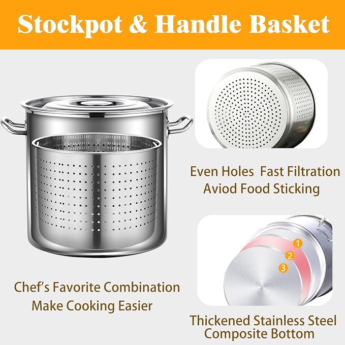 24-Quart Stainless Steel Seafood Stockpot with Basket, Crawfish, Crab, Lobster Boil StockPot, Shrimp Boil Stock Pot with Strainer, Turkey Fryer Pot,27L,7Gallon