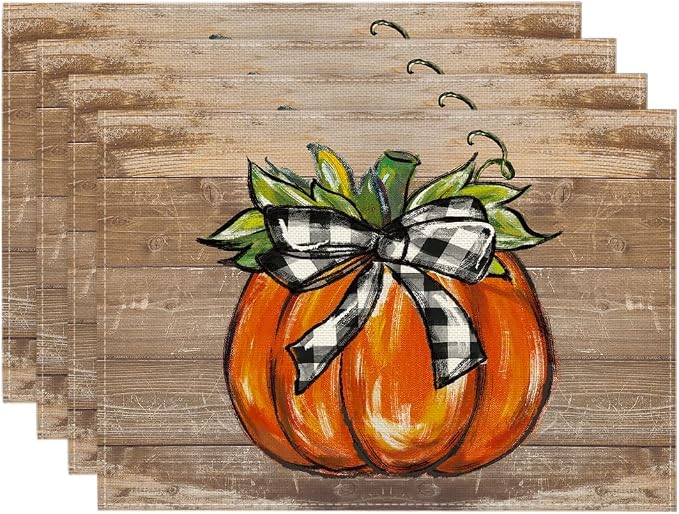 Artoid Mode Wood Pumpkin Bowknot Fall Placemats Set of 4-12 x 18 Inch | Heat-Resistant Table Mats, Washable Seasonal Autumn Kitchen Dining Decor