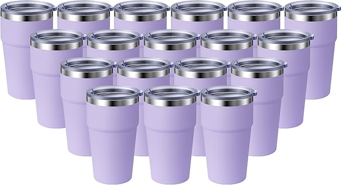 MEWAY 16oz Tumbler Double Wall Vacuum Insulated Travel Mug Bulk, Stainless Steel Tumblers with Lid, Powder Coated Coffee Cups for Cold & Hot Drinks (Lavender,18 Pack Pack)