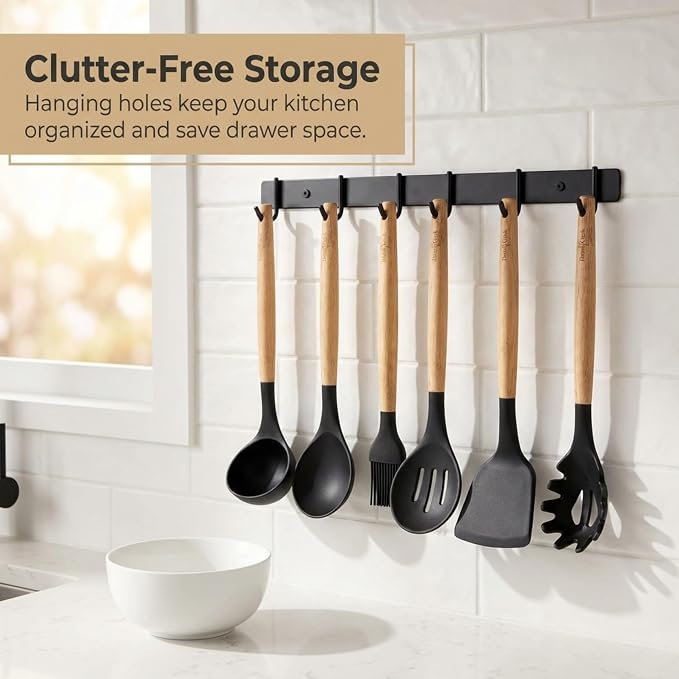 Silicone Utensils Set for Cooking - 12 Piece Set&BPA Free（Black） | Heat resistance: 446°F、dishwasher safe、non-toxic / BPA free、for nonstick cookware & baking