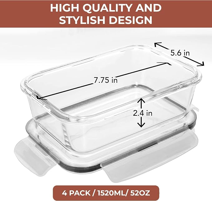 Razab 6.5 Cups / 52 Oz 4 Piece (2 Containers + 2 Lids) Glass Food Storage Containers Set with Airtight Locking Lids - For Storing, Baking & Serving BPA Free, Leakproof - Microwave, Freezer & Oven Safe