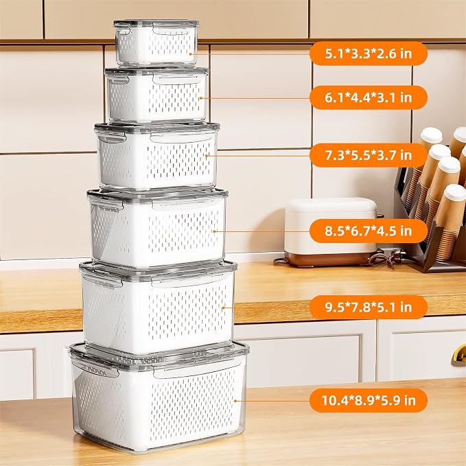 JOYZAN Fruit Storage Containers for Fridge with Airtight Lids 6 Pack | Airtight Food Storage Containers with Removable Colanders Fridge Organizers and Storage for Salad, Berry, Lettuce, Keeper