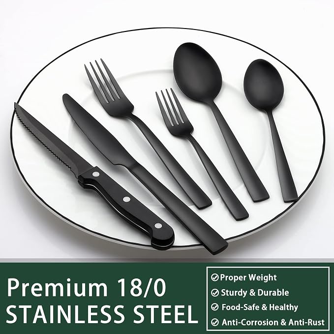 EWFEN 24-Piece Black Silverware Set with Steak Knives, Black Flatware Set for 4, Food-Grade Stainless Steel Tableware Cutlery Set, Mirror Finished Utensil Sets for Home Restaurant, Square Edge