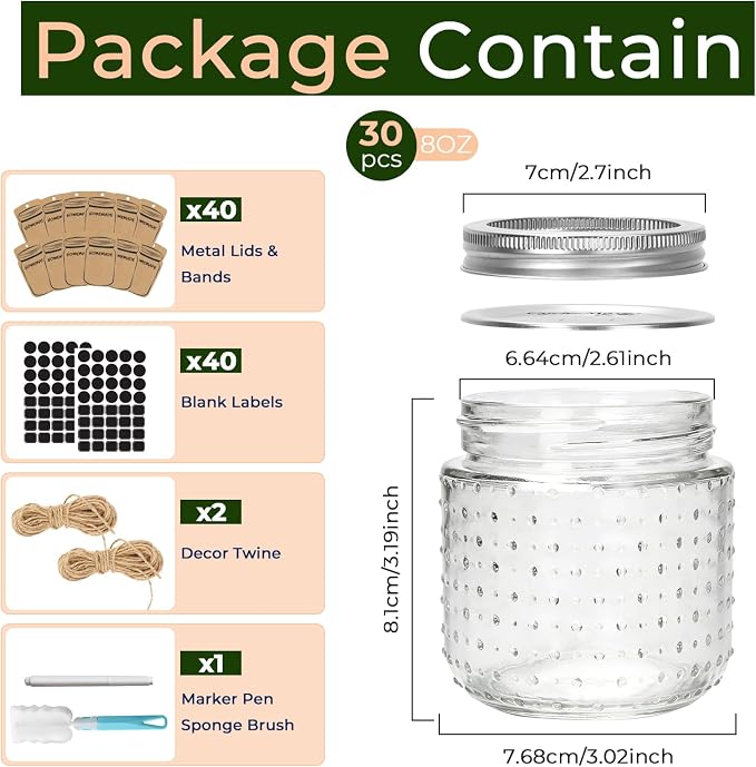 CycleMore 8oz Mason Jars, 30 Pack Dual Dot Jar With Silver Separable Lids, Tiny Glass Jars for Honey, Jam, Jelly, Wedding Favors, Kitchen Food Storage,