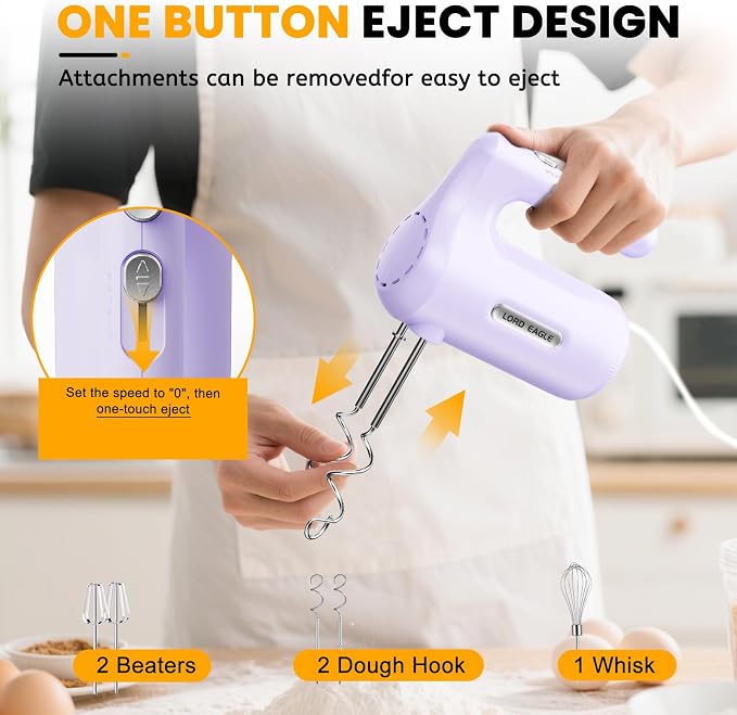 Lord Eagle 5-Speed Hand Mixer Electric With 4 Mixing Bowls Set | 300W Lightweight Kitchen Handheld Mixer with Measuring Cups & Spoons, Stainless Steel Bowls, Baking Supplies for Cake, Purple