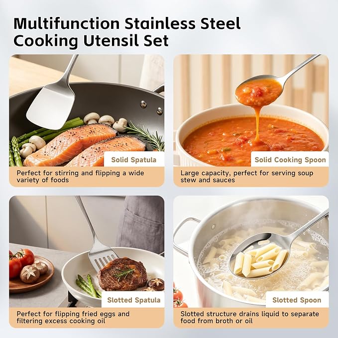 Cooking Utensils Set, 4PCS Stainless Steel Spatula, Dishwasher Safe | Metal Kitchen Utensils Set, Heat Resistant Solid & Slotted Turner, Serving & Slotted Spoons for Flipping Fish, Eggs, Pancakes