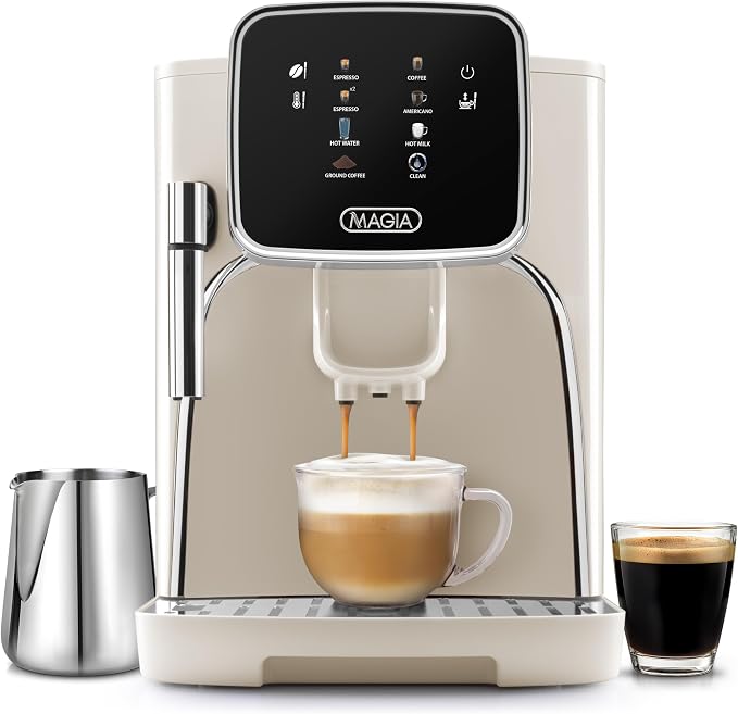 Zulay Kitchen Magia Clasica Automatic Espresso Machine with Built-In Grinder, Touch Panel Coffee Maker, Steam Wand Milk Frother, Adjustable Strength, Self-Cleaning, Cream & Silver (13" x 17.7" x 9.4")