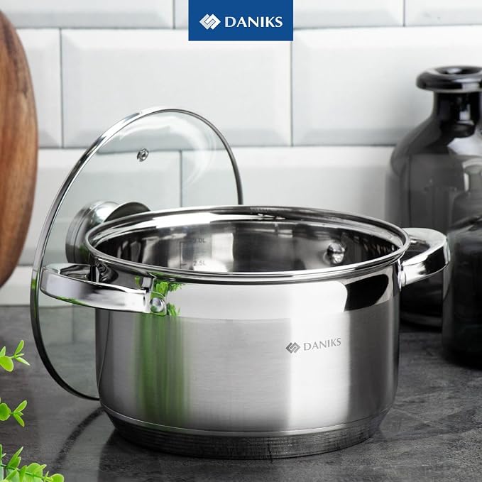 Daniks Standard 7 Quart Stainless Steel Stock Pot with Glass Lid, Tri-Ply Bottom for Even Heating, Induction Compatible, Dishwasher Safe, Built-In Measuring Scale, Silver