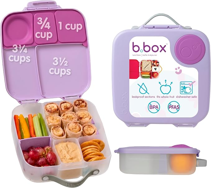 b.box Lunch Box, 8.5 Cup Bento Box for All Ages, Snack Box, Food Containers | Lunch Box Kids + Adults, Lunch Containers, 4 Compartments, Leak Proof, Dishwasher Safe, BPA Free, PFAS Free —Sugar Plum