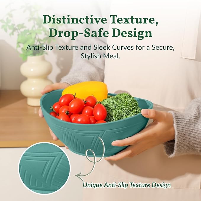 Salad Bowls 6 PCS Wheat Straw Bowls - 60oz Large Serving Bowl - Microwave and Dishwasher Safe Centerpiece Bowl Big Soup Bowl for Kitchen, Camping, Picnic, Party, Popcorn Bowl Set - Green