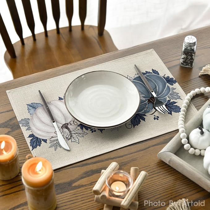 Artoid Mode Navy Blue Pumpkins Fall Placemats Set of 6-12 x 18 Inch | Heat-Resistant Table Mats, Washable Seasonal Autumn Kitchen Dining Decor