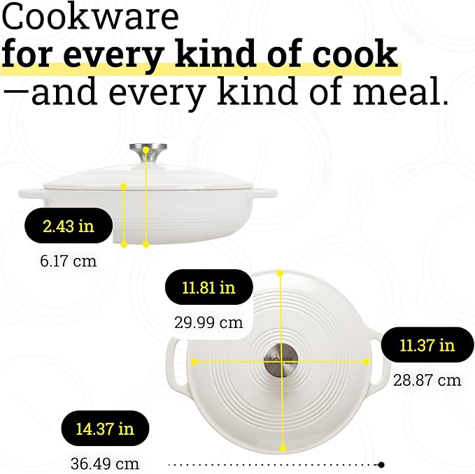 Lodge Essential Enamel Braiser - Refrigerator- & Oven-Safe up to 500° F - Heat-Retaining, Induction-Safe & PFAS-Free Enamel Cookware - 3.6 Quart, Oyster White