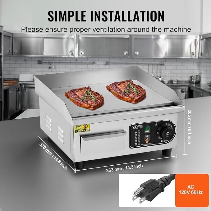 VEVOR Commercial Electric Griddle, 1700W Countertop Flat Top Grill, 14in Stainless Steel Griddle Grill with 2 Shovels and 2 Brushes for Home or Restaurant, 122℉-572 ℉ Adjustable Temp