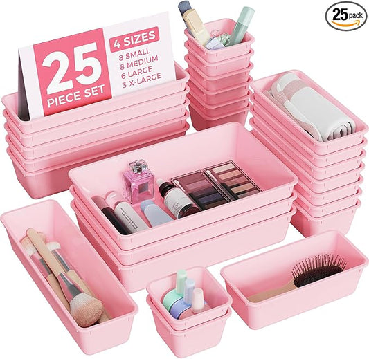BiuLeon 25 PCS Plastic Drawer Organizers Set, 4-Sizes Vanity and Makeup Organizer, Desk and bathroom Drawer Organizer Trays, Organizers and Storage for Makeup, Jewelry, Gadgets, Utensils (Pink)
