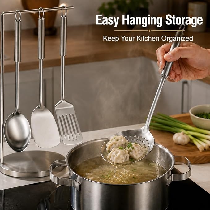 Pleafind Cooking Utensils Set - 4 Pcs Stainless Steel Kitchen Utensils Set with Solid Turner, Slotted Turner, Serving Ladle, Slotted Spoon, Wok Utensils Set with Heat Resistant Handle, Dishwasher Safe