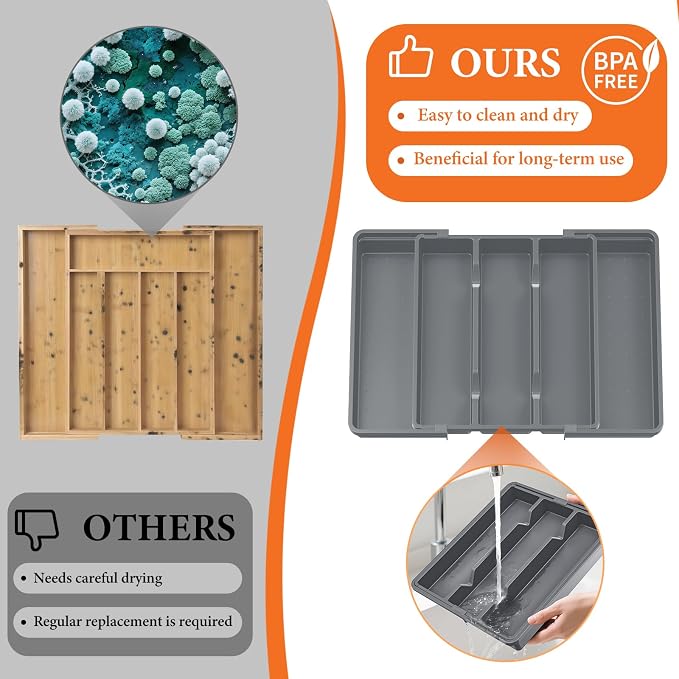 Large Expandable Silverware Drawer Organizer, Utensil Tray | Kitchen Drawer Organizer for Spoons/Forks/Knives, Multipurpose & BPA Free Cutlery Tray(1 Pack, Gray)