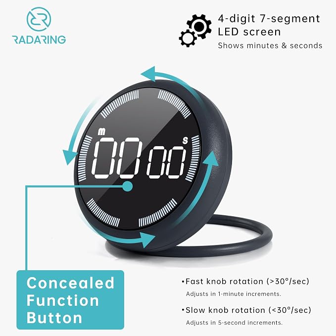 Stell Gray Quick Que Kitchen Timers, Visual timers Large LED Display Magnetic Countdown Countup Timer for Classroom Cooking Fitness Baking Studying Teaching, Easy for Kids and Seniors (Steel Gray)