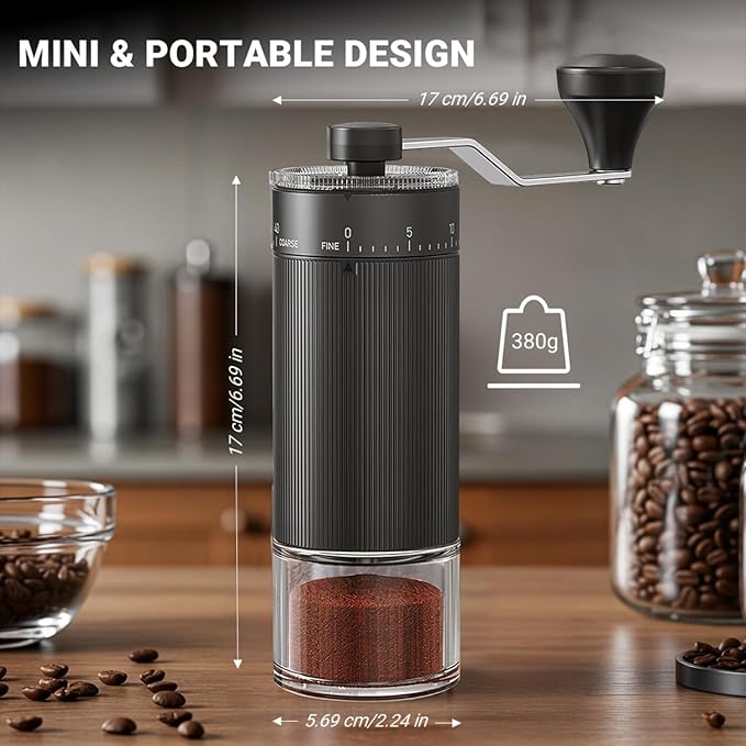 CEVING Mini Manual Coffee Grinder With 40 Adjustable Settings, Black | Portable Hand Coffee Bean Mill with Ceramic Conical Burrs, 30g Capacity, Ideal for Travel, Camping, French Press, Pour Over
