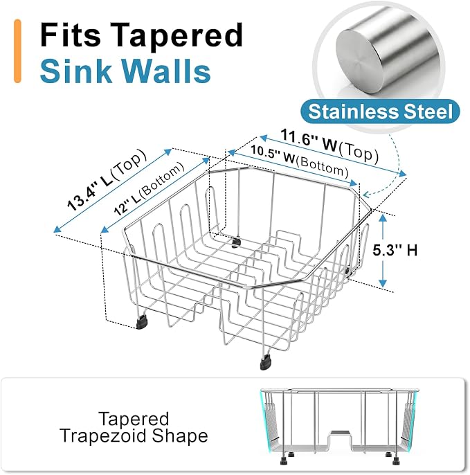 Small in Sink Dish Drying Rack - Stainless Steel for RV Kitchen | Compact Design for Apartments, 1-2 Person, Utensil Holder, Cup Hooks, Angled Corners Fit Square & Round Sinks, 11.6" x 13.4"