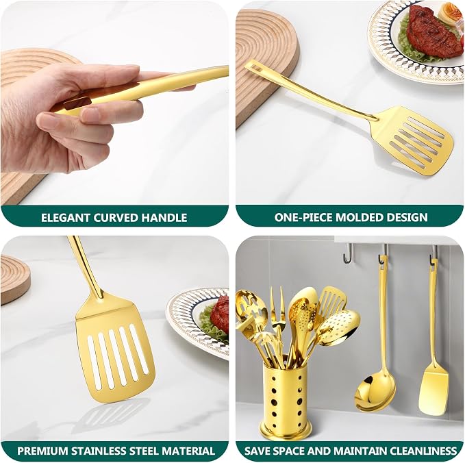 Gold Kitchen Utensils Set, 11 PCS Stainless Steel Cooking Utensils Set | Metal Kitchen Tool Set for Cooking with Turners, Potato Masher, Spatula, Spoons, Pasta, Tongs
